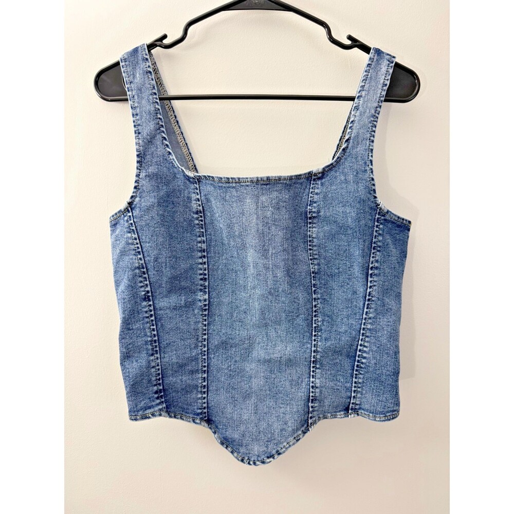 Denim Jean Crop Bustier Top Women's Large Cosplay Retro Zip Stretch Punk Alt